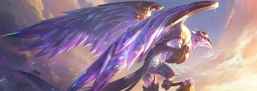 Anivia Vitoriosa, skin de recompensa da ranqueada, abrindo as asas no alto de uma montanha, a ideia de subir de elo no LoL