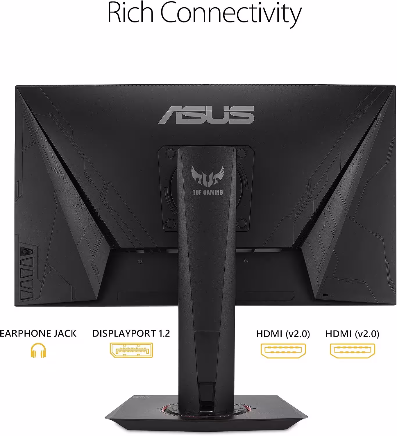 Vista traseira do monitor ASUS TUF VG259QM com base ajustável e conexões