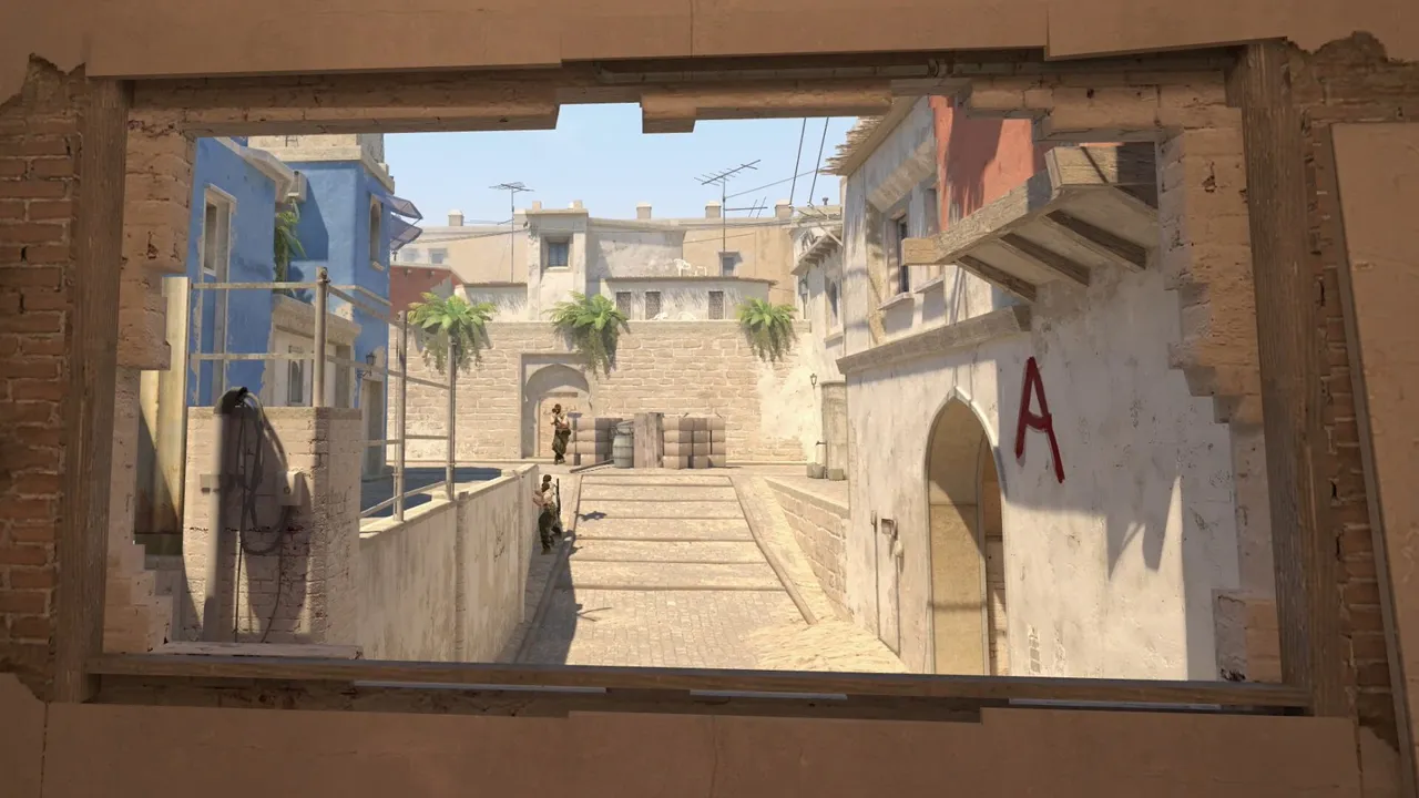 Bombsite A do mapa Mirage do CS2, visto de dentro de uma janela