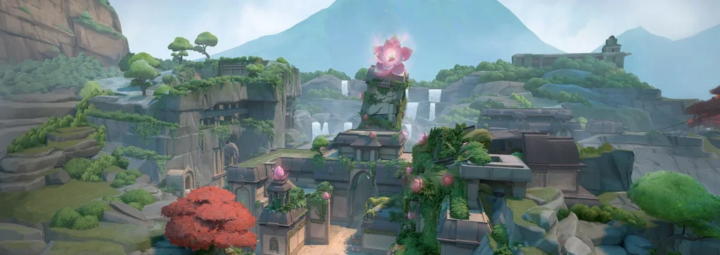 Mapa Lotus do Valorant visto do alto, com templos, vegetação e a montanha ao fundo