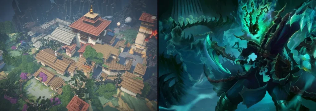 Montagem com o mapa Haven do Valorant à esquerda e a splash art do Thresh, do League of Legends, à direita, os dois jogos da LOUD