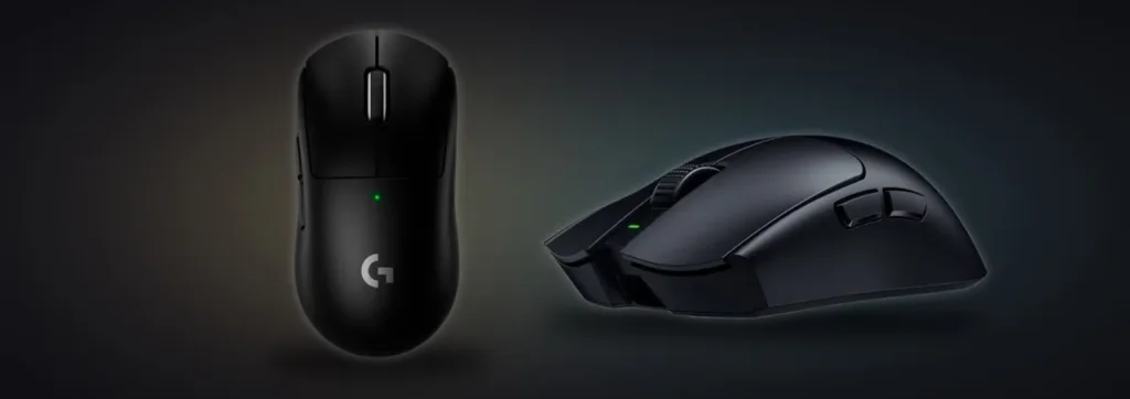 Mouse Logitech G Pro X Superlight 2 preto ao lado do Razer Viper V3 Pro preto sobre fundo escuro