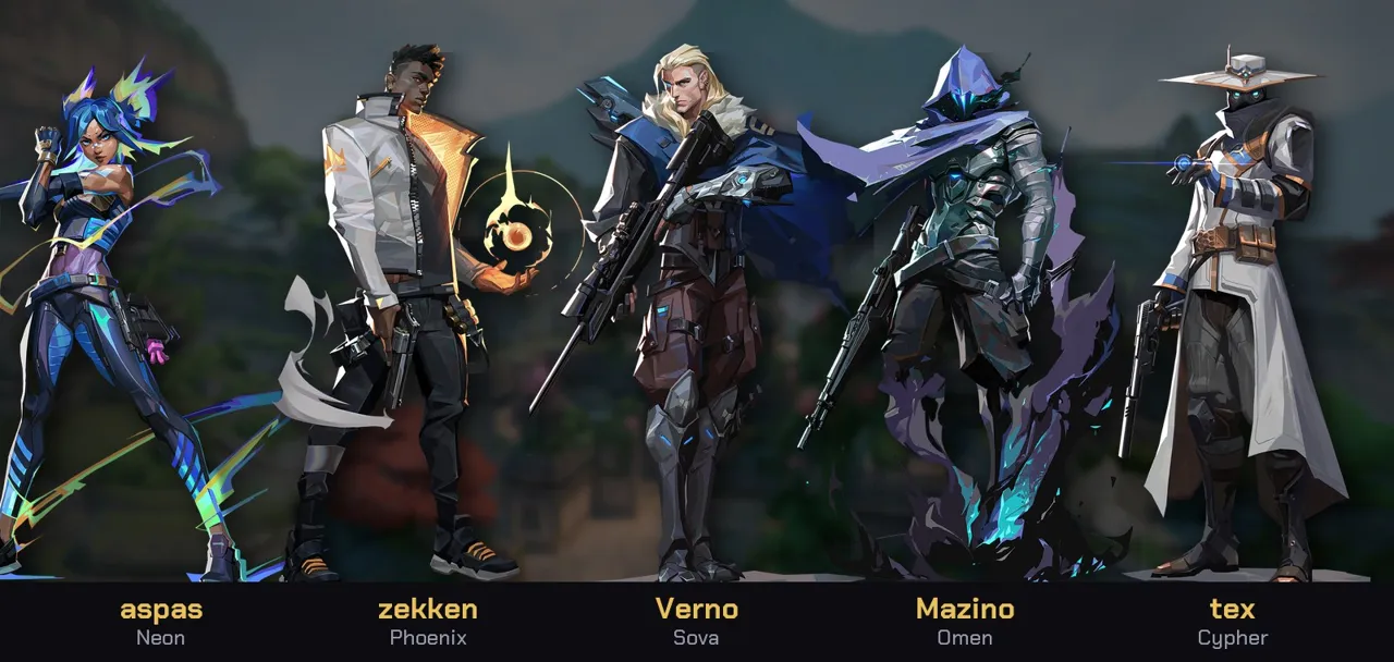 Os agentes mais usados pela line da MIBR no Valorant: aspas de Neon, zekken de Phoenix, Verno de Sova, Mazino de Omen e tex de Cypher