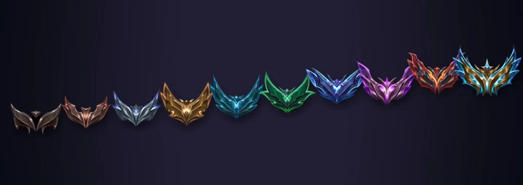 Os dez brasões dos elos do LoL em ordem, do Ferro ao Desafiante, sobre fundo escuro