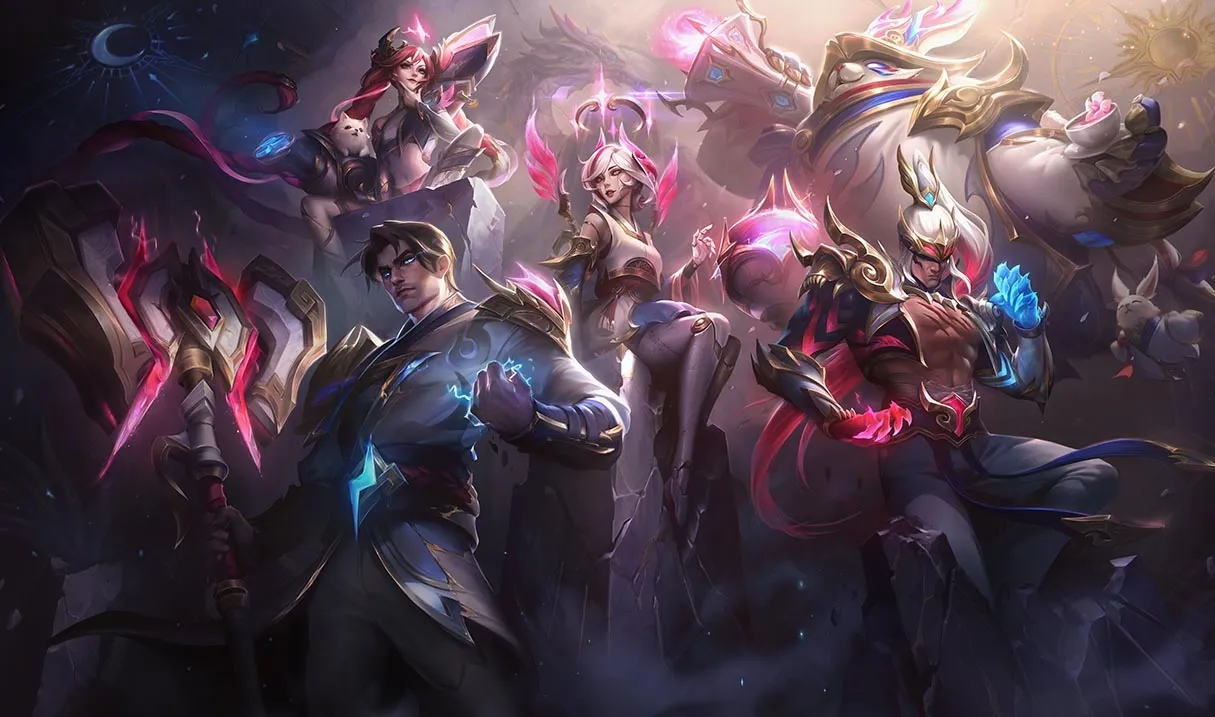 Splash das skins T1 que celebram o título do Worlds 2023: Orianna, Jayce, Lee Sin, Jinx e Bard