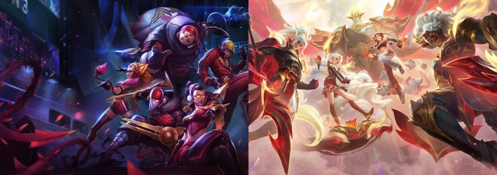 Splashes oficiais das skins SKT T1 do Worlds 2013 e T1 do Worlds 2025 de League of Legends, lado a lado
