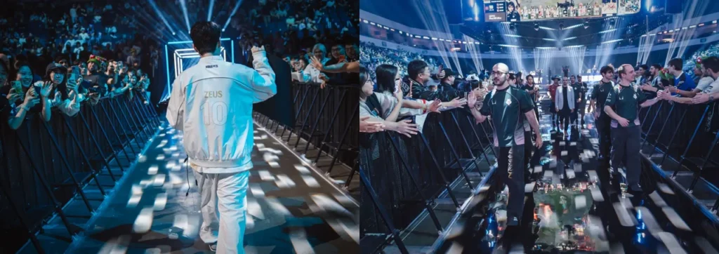 Zeus, da Hanwha Life, de costas com a jaqueta branca número 10, e a G2 Esports, de verde, entrando no palco do Worlds 2026 entre os torcedores